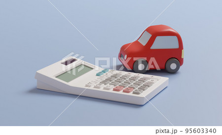 平面上に置いてある粘土でできたミニチュアの自動車と電卓のCGによるフォトリアルな3Dイラストレーショ 平面上に置いてある粘土でできたミニチュアの自動車と電卓のCGによるフォトリアルな3Dイラストレーショ 95603340