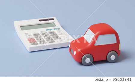 平面上に置いてある粘土でできたミニチュアの自動車と電卓のCGによるフォトリアルな3Dイラストレーショ 95603341