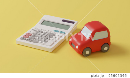 平面上に置いてある粘土でできたミニチュアの自動車と電卓のCGによるフォトリアルな3Dイラストレーショ 95603346
