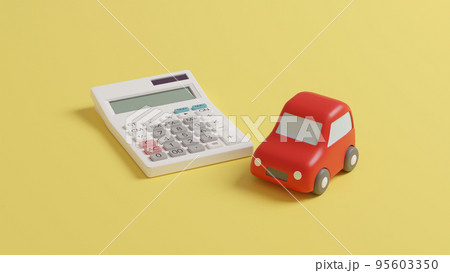 平面上に置いてある粘土でできたミニチュアの自動車と電卓のCGによるフォトリアルな3Dイラストレーショ 平面上に置いてある粘土でできたミニチュアの自動車と電卓のCGによるフォトリアルな3Dイラストレーショ 95603350