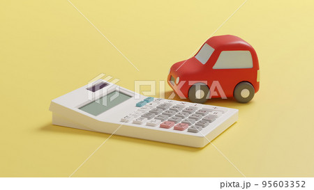 平面上に置いてある粘土でできたミニチュアの自動車と電卓のCGによるフォトリアルな3Dイラストレーショ 95603352