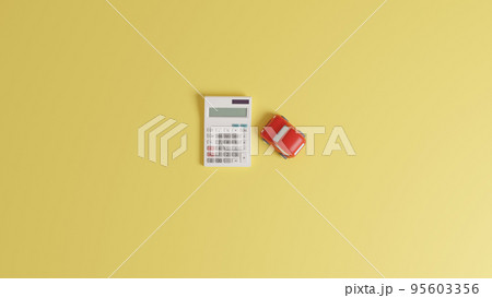 平面上に置いてある粘土でできたミニチュアの自動車と電卓のCGによるフォトリアルな3Dイラストレーショ 95603356