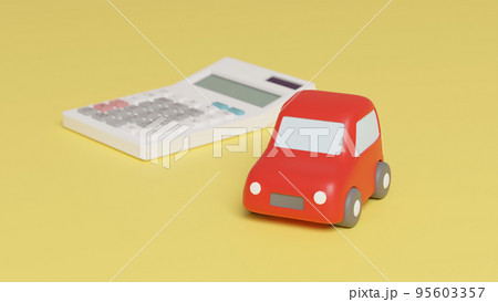 平面上に置いてある粘土でできたミニチュアの自動車と電卓のCGによるフォトリアルな3Dイラストレーショ 95603357