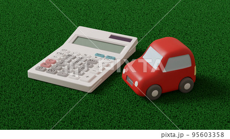 平面上に置いてある粘土でできたミニチュアの自動車と電卓のCGによるフォトリアルな3Dイラストレーショ 平面上に置いてある粘土でできたミニチュアの自動車と電卓のCGによるフォトリアルな3Dイラストレーショ 95603358