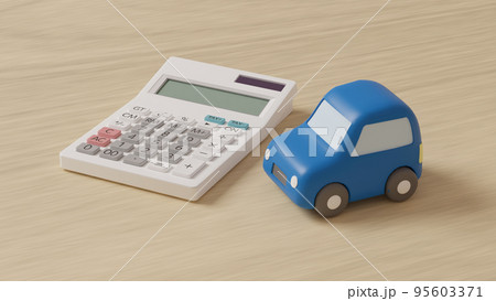 平面上に置いてある粘土でできたミニチュアの自動車と電卓のCGによるフォトリアルな3Dイラストレーショ 95603371