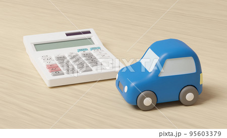 平面上に置いてある粘土でできたミニチュアの自動車と電卓のCGによるフォトリアルな3Dイラストレーショ 平面上に置いてある粘土でできたミニチュアの自動車と電卓のCGによるフォトリアルな3Dイラストレーショ 95603379