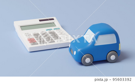 平面上に置いてある粘土でできたミニチュアの自動車と電卓のCGによるフォトリアルな3Dイラストレーショ 95603392