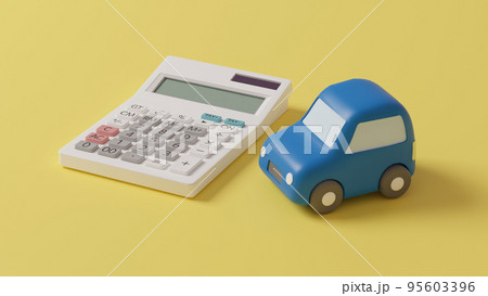 平面上に置いてある粘土でできたミニチュアの自動車と電卓のCGによるフォトリアルな3Dイラストレーショ 平面上に置いてある粘土でできたミニチュアの自動車と電卓のCGによるフォトリアルな3Dイラストレーショ 95603396