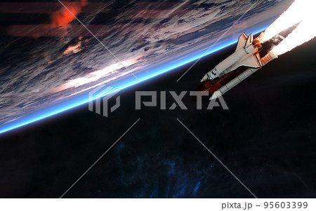 Space shuttle in Earth orbit. Solar system 95603399