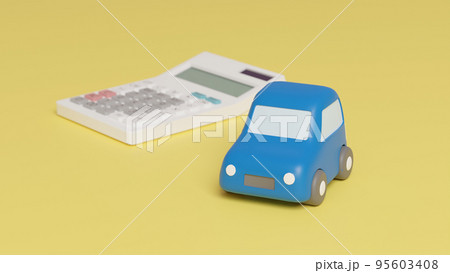 平面上に置いてある粘土でできたミニチュアの自動車と電卓のCGによるフォトリアルな3Dイラストレーショ 95603408