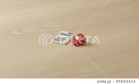 平面上に置いてある粘土でできたミニチュアの自動車と電卓のCGによるフォトリアルな3Dイラストレーショ 平面上に置いてある粘土でできたミニチュアの自動車と電卓のCGによるフォトリアルな3Dイラストレーショ 95603423