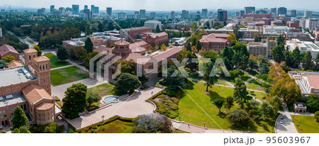 Aerial view of the Royce Hall at the University of California, Los Angeles, UCLA. Royce Hall is one of four original buildings of the UCLA campus. Aerial view of the Royce Hall at the University of California, Los Angeles, UCLA. Royce Hall is one of four original buildings of the UCLA campus. 95603967