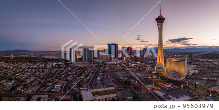 Panoramic aerial view of the Las Vegas Strip. Stretch of South Las Vegas Boulevard in Nevada that is known for its concentration of hotels and casinos. Panoramic aerial view of the Las Vegas Strip. Stretch of South Las Vegas Boulevard in Nevada that is known for its concentration of hotels and casinos. 95603979