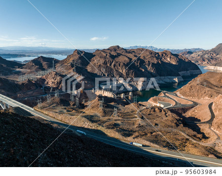 Aerial view of the Hoover Dam in United States. Hydroelectric power station on the border of Arizona and Nevada. Aerial view of the Hoover Dam in United States. Hydroelectric power station on the border of Arizona and Nevada. 95603984
