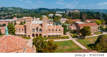 Aerial view of the Royce Hall at the University of California, Los Angeles, UCLA. Royce Hall is one of four original buildings of the UCLA campus. 95603988