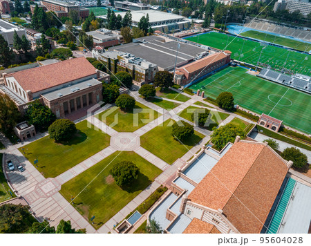 Aerial view of the Football stadium at the University of California, Los Angeles, UCLA. Royce Hall is one of four original buildings of the UCLA campus. Aerial view of the Football stadium at the University of California, Los Angeles, UCLA. Royce Hall is one of four original buildings of the UCLA campus. 95604028