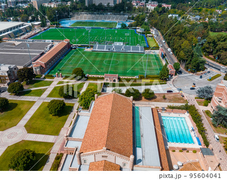 Aerial view of the Football stadium at the University of California, Los Angeles, UCLA. Royce Hall is one of four original buildings of the UCLA campus. Aerial view of the Football stadium at the University of California, Los Angeles, UCLA. Royce Hall is one of four original buildings of the UCLA campus. 95604041