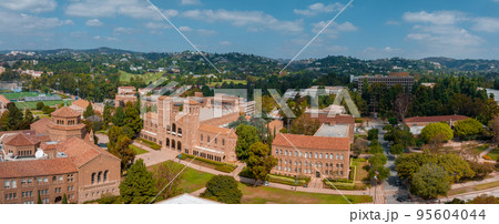 Aerial view of the Royce Hall at the University of California, Los Angeles, UCLA. Royce Hall is one of four original buildings of the UCLA campus. Aerial view of the Royce Hall at the University of California, Los Angeles, UCLA. Royce Hall is one of four original buildings of the UCLA campus. 95604044