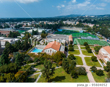 Aerial view of the Football stadium at the University of California, Los Angeles, UCLA. Royce Hall is one of four original buildings of the UCLA campus. 95604052