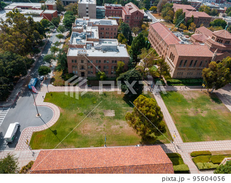 Aerial view of the campus at the University of California, Los Angeles, UCLA. Royce Hall is one of four original buildings of the UCLA campus. Aerial view of the campus at the University of California, Los Angeles, UCLA. Royce Hall is one of four original buildings of the UCLA campus. 95604056
