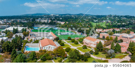 Aerial view of the Football stadium at the University of California, Los Angeles, UCLA. Royce Hall is one of four original buildings of the UCLA campus. 95604065