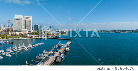 Panorama aerial view of Coronado Bridge with San Diego skyline, USA. 95604076