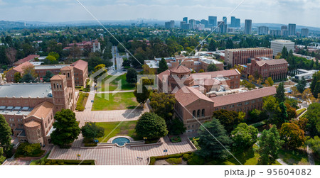 Aerial view of the campus at the University of California, Los Angeles, UCLA. Royce Hall is one of four original buildings of the UCLA campus. Aerial view of the campus at the University of California, Los Angeles, UCLA. Royce Hall is one of four original buildings of the UCLA campus. 95604082