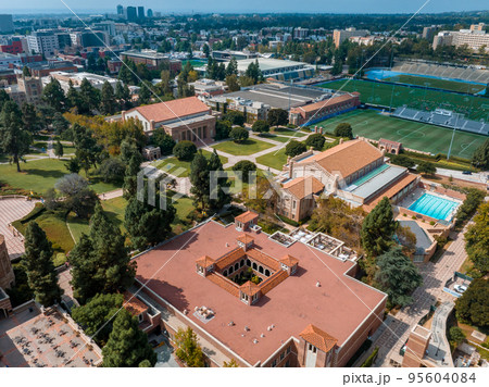 Aerial view of the campus at the University of California, Los Angeles, UCLA. Royce Hall is one of four original buildings of the UCLA campus. Aerial view of the campus at the University of California, Los Angeles, UCLA. Royce Hall is one of four original buildings of the UCLA campus. 95604084
