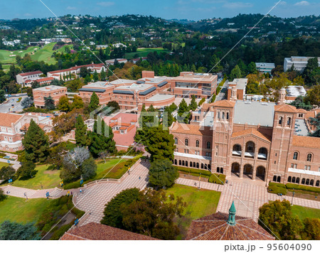 Aerial view of the Royce Hall at the University of California, Los Angeles, UCLA. Royce Hall is one of four original buildings of the UCLA campus. Aerial view of the Royce Hall at the University of California, Los Angeles, UCLA. Royce Hall is one of four original buildings of the UCLA campus. 95604090