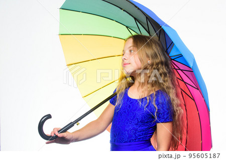 Stay positive fall season. Ways to improve your mood in fall. Ways to brighten your fall mood. Colorful accessory for cheerful mood. Girl child long hair ready meet fall weather with umbrella 95605187