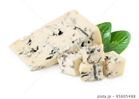 Blue cheese gorgonzola isolated on white background with full depth of field. 95605488