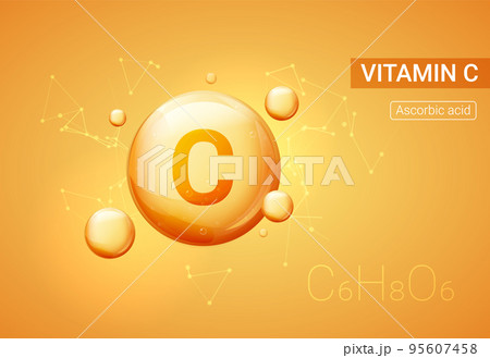 Vitamin C bubble background collagen serum pill drop icon. Skin vector health acid yellow vitamin c 95607458