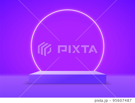 Product podium background 3d display stand neon circle room. Show podium product scene purple Product podium background 3d display stand neon circle room. Show podium product scene purple 95607487