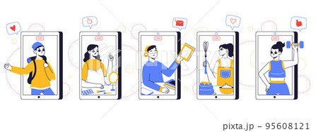 Bloggers and vloggers on smartphones screen, online presentation, media blogs concept. Video and photo content authors on mobile phone screen vector illustration. Media blog creators Bloggers and vloggers on smartphones screen, online presentation, media blogs concept. Video and photo content authors on mobile phone screen vector illustration. Media blog creators 95608121
