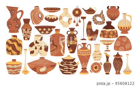 Decorative pottery, clay ceramic crockery, vases and dishes. Ceramic tableware, doodle pottery items vector symbols illustrations set. Hand drawn ceramic collection Decorative pottery, clay ceramic crockery, vases and dishes. Ceramic tableware, doodle pottery items vector symbols illustrations set. Hand drawn ceramic collection 95608122