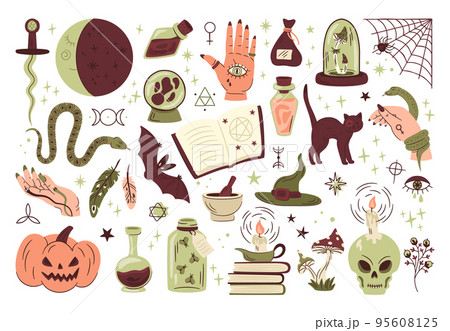 Doodle halloween elements, witchcraft, magic spiders, snake, pumpkin and knife. Halloween esoteric, alchemy boho vector symbols illustrations set. Mystical spooky stickers Doodle halloween elements, witchcraft, magic spiders, snake, pumpkin and knife. Halloween esoteric, alchemy boho vector symbols illustrations set. Mystical spooky stickers 95608125