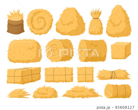 Cartoon haystack, rural hay rolled stacks and agricultural haycocks. Dried haystack, fodder straw and farm haystacks vector symbols illustrations set. Bale of hay collection 95608127