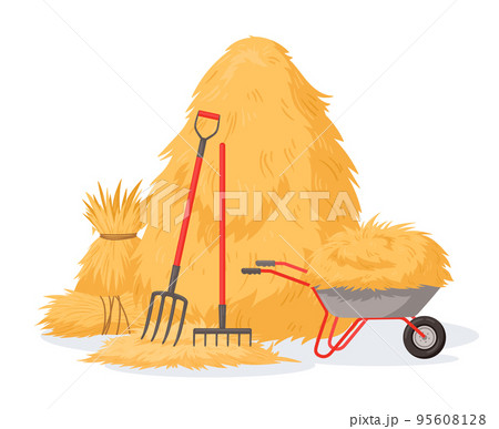 Cartoon haystack and pitchfork, rural stacked fodder straw. Agricultural farm hay heap, dried haycock vector background illustration. Farming haymow 95608128