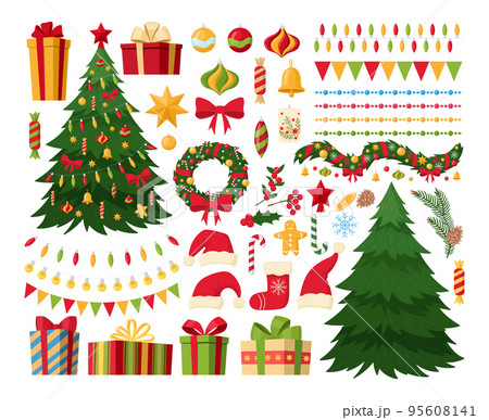 Christmas elements, xmas trees, gift boxes and...のイラスト