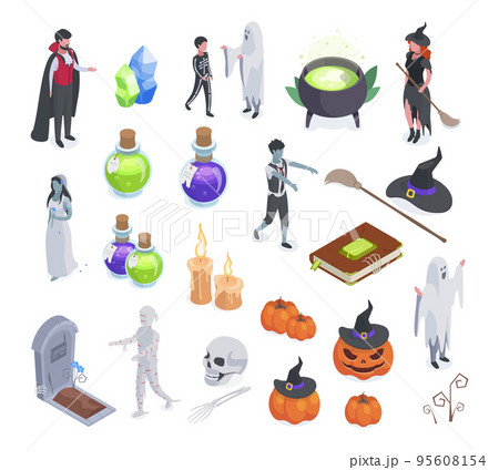 Isometric spooky halloween party mascots, pumpkin, ghost and spider. Vampire and mummy, spooky pumpkins and witch cauldron vector symbols illustration set. Funky carnival costumes Isometric spooky halloween party mascots, pumpkin, ghost and spider. Vampire and mummy, spooky pumpkins and witch cauldron vector symbols illustration set. Funky carnival costumes 95608154