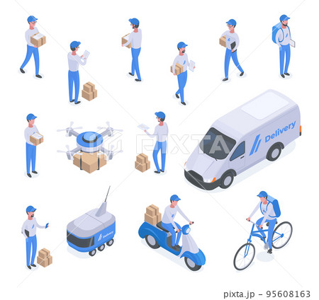 Isometric delivery characters, logistic service, postman or mailman workers. Delivery logistic service, parcels and packages shipping vector symbols illustration set. Online delivery service Isometric delivery characters, logistic service, postman or mailman workers. Delivery logistic service, parcels and packages shipping vector symbols illustration set. Online delivery service 95608163