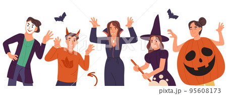 Halloween party, creepy carnival poster, happy friends in masquerade costumes. Young people wearing spooky Halloween holiday outfits vector illustration. Autumn holiday celebration Halloween party, creepy carnival poster, happy friends in masquerade costumes. Young people wearing spooky Halloween holiday outfits vector illustration. Autumn holiday celebration 95608173