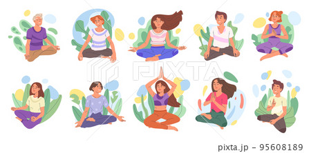 Peaceful yoga meditation, breath training, relaxing characters in lotus pose. Meditation and yoga practice, tranquil people with closed eyes vector symbols illustrations set. Mental wellness scenes 95608189