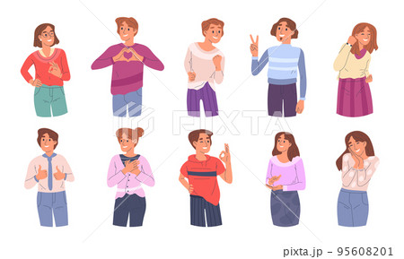 Happy people showing positive gestures, thumbs up and ok sign. Positive person communication gestures, hand heart and applause vector symbols illustrations set. Excited characters body language 95608201