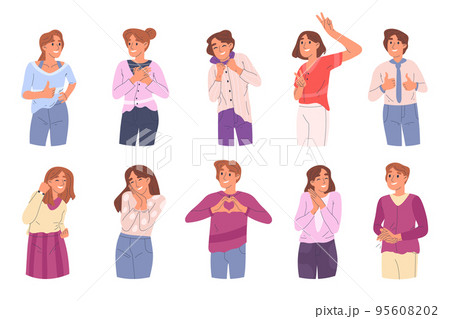 Excited students show likes, okay and thumbs up signs. Happy people with peace and okay signs, smiling characters body language vector symbols illustrations set. Cartoon positive persons Excited students show likes, okay and thumbs up signs. Happy people with peace and okay signs, smiling characters body language vector symbols illustrations set. Cartoon positive persons 95608202