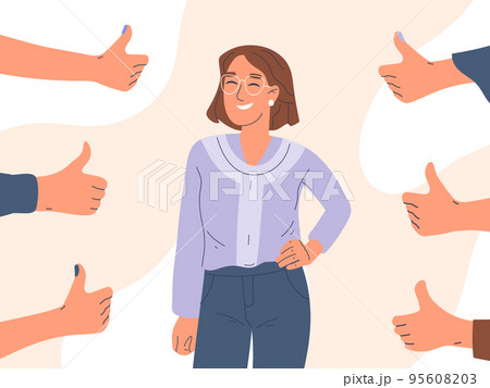 Happy person with positive approval feedback, thumbs up surrounded. Smiling girl glad public positive respect opinion, cartoon vector background illustration. Human positive acceptance concept 95608203
