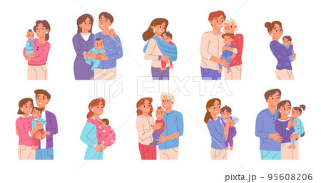 Mom and dad carrying newborn baby, happy parents, family with child. Cartoon babies with mother and father, young families vector symbols illustration set. Happy parenting collection 95608206