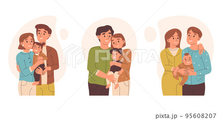 Happy family, mom and dad carrying baby, parenting concept. Mothers and fathers with children, toddlers young parents vector symbols illustration. Families with cute kids 95608207
