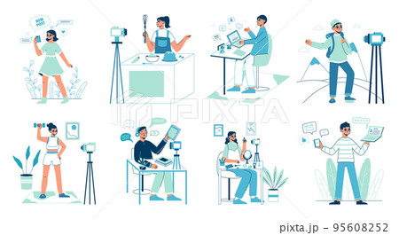 Online media vlogs, makeup, travel, and food bloggers. Internet content, photo and video creators vector symbols illustration set. Bloggers collection Online media vlogs, makeup, travel, and food bloggers. Internet content, photo and video creators vector symbols illustration set. Bloggers collection 95608252