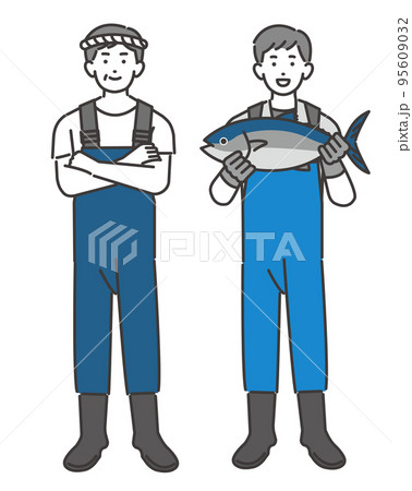 腕を組んだり、マグロを持つ漁師や水産業関係の男性のベクターイラスト素材／海鮮／水揚げ／第一次産業 95609032